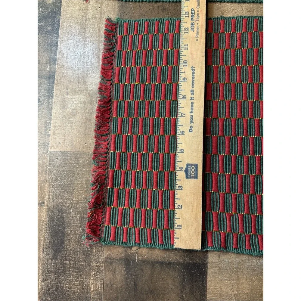Vtg Handwoven Placemats Set of 5 Red Hunter‎ Green Metallic Gold Illusion Fringe
